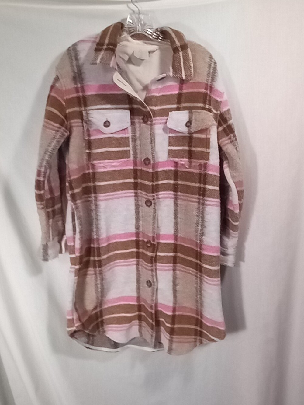 Joie Pink Brown Plaid Wool Blend Button Down Shacket Size S